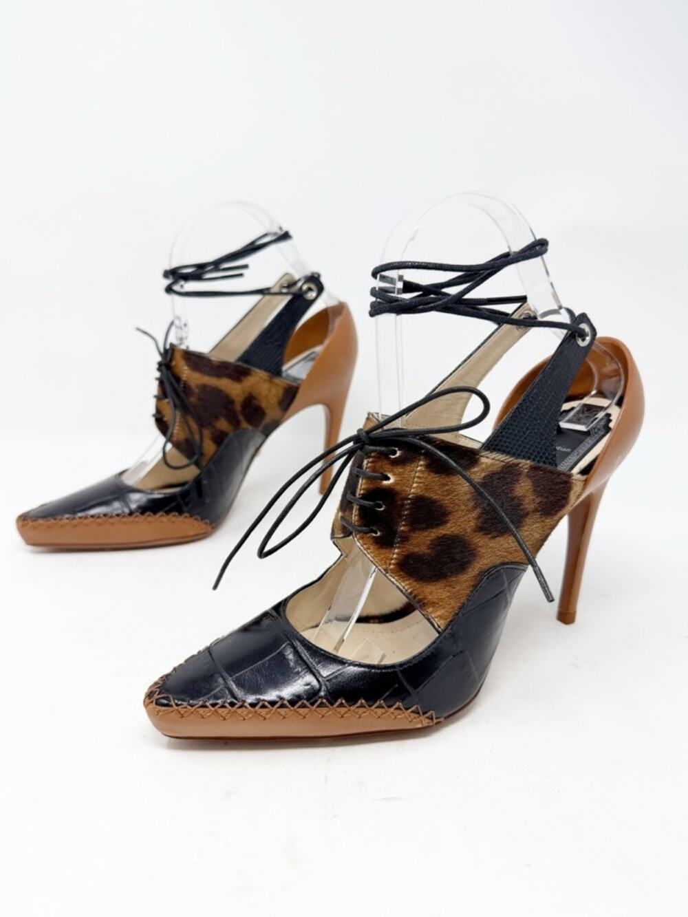 Christian Dior Leopard Calf Hair Lace Up Heels Pointed Toe Womens Size EU 37.5